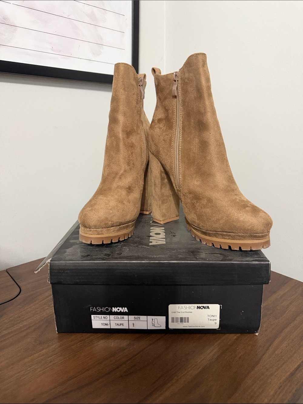Fashion Nova Taupe Suede Platform Block Heel Ankle Boots